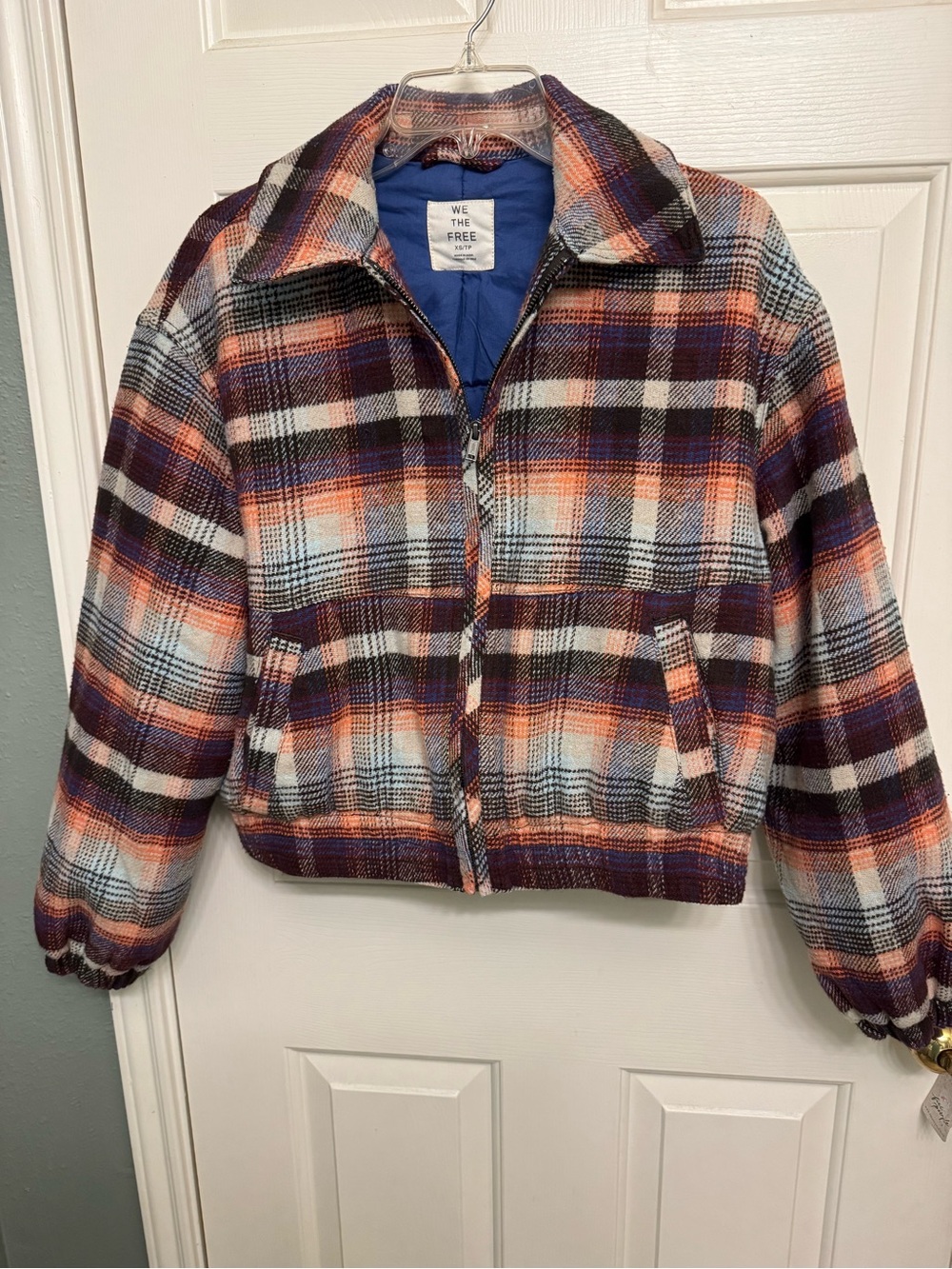 Free People Cropped Plaid Jacket in Purple, Orange & White